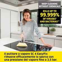 Carica l'immagine nel visualizzatore di Gallery, Kärcher Pulitore a Vapore SC 4 EasyFix VERSIONE BIANCA, Pronto in 4 min. 2000 W, Serbatoio estraibile 1,3 litri, Area 100m², Incl. Kit pavimenti, Bocchetta Manuale e Panno, Spazzola, Bocchetta fessure