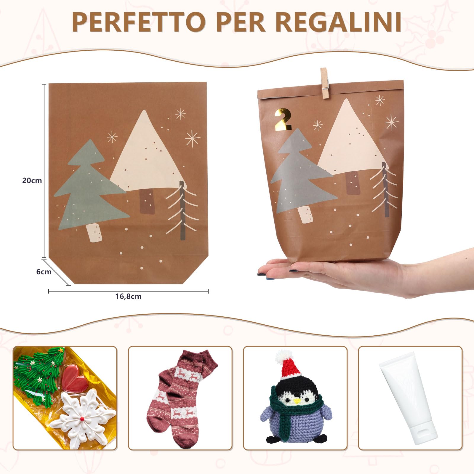 Calendario Dell'Avvento Fai Da Te – 24 Sacchetti Di Carta Kraft + Adesivi Numerati, Nero/Bianco, 23x12cm