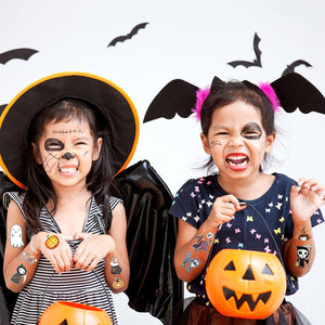 Leesgel Halloween Decorazioni, 10 Fogli Fluorescenti Tatuaggi per Bambini Scheletro/Strega/Zucche/Fantasma, Adesivi Gadget Festa Compleanno Accessori Party
