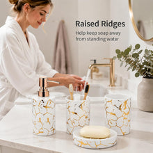 Carica l'immagine nel visualizzatore di Gallery, Set di accessori per il bagno, 4 pezzi, set di accessori da bagno in ceramica di lusso, 2 portaspazzolino/bicchiere + dispenser di sapone liquido o lozione con pompa oro rosa + portasapone