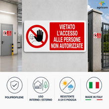 Carica l'immagine nel visualizzatore di Gallery, AGRICOM Cartello Divieto di Accesso – Vietato l’Accesso alle Persone Non Autorizzate | Kit 2 Cartelli 17 x 9,5 cm in Pol