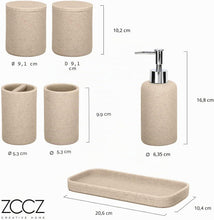 Carica l'immagine nel visualizzatore di Gallery, ZCCZ Set Bagno Accessori Completo 6 pezzi - Kit con Dispenser Sapone, Porta Spazzolino, Supporti Qtip, Bicchiere e Vassoio Vanità - Accessori Moderni per Bagno Elegante - Beige