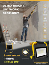 Carica l'immagine nel visualizzatore di Gallery, Faretto LED da Cantiere 50W, Faretto Portatile, Luce di Inondazione Bianca 6000K, 5000LM, Girevole a 360º, Impermeabile 