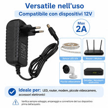Carica l'immagine nel visualizzatore di Gallery, Trasformatore Alimentatore USB 12V Con Spina EU, da Presa Casa AC220V a DC 12V (24W 12V 2A)