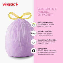 Carica l'immagine nel visualizzatore di Gallery, VIROSAC - Saccopratico 55x60cm, con adesivo stopsac e maniglie estraibili, 15 pezzi per rotolo, kit da 3 rotoli
