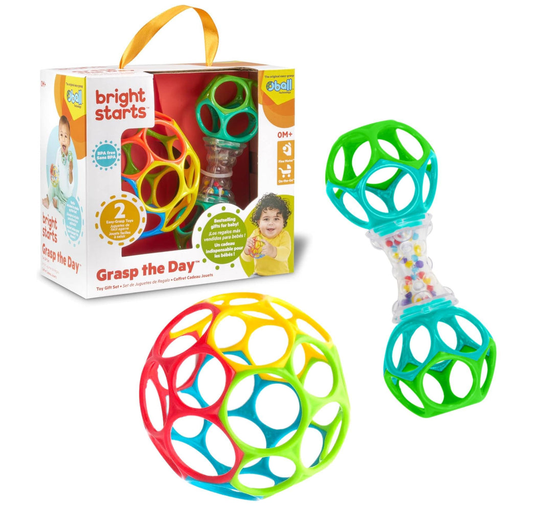 Bright Starts, Set Regalo con Giocattoli Oball Facili da afferrare - Grasp The Day, Confezione da 2 Giocattoli con Pallina e sonaglio, privi di BPA, Unisex, 0+ Mesi