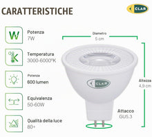 Carica l'immagine nel visualizzatore di Gallery, CLAR - Lampadine LED GU5.3 MR16, 12V, 7W, 6000K Luce Fredda, (Pack 10), Non Dimmerabili
