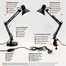 Carica l'immagine nel visualizzatore di Gallery, VELAMP - Lampada da Tavolo con Braccio Regolabile Charleston XL, Lampada da Scrivania Design Moderno, Abat Jour da Comod