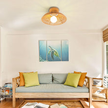 Carica l'immagine nel visualizzatore di Gallery, iDEGU Lampada da Soffitto Retrò in Rattan e Legno Stile Boho 30cm Lampadario a Sospensione Paralume Vintage Plafoniere I