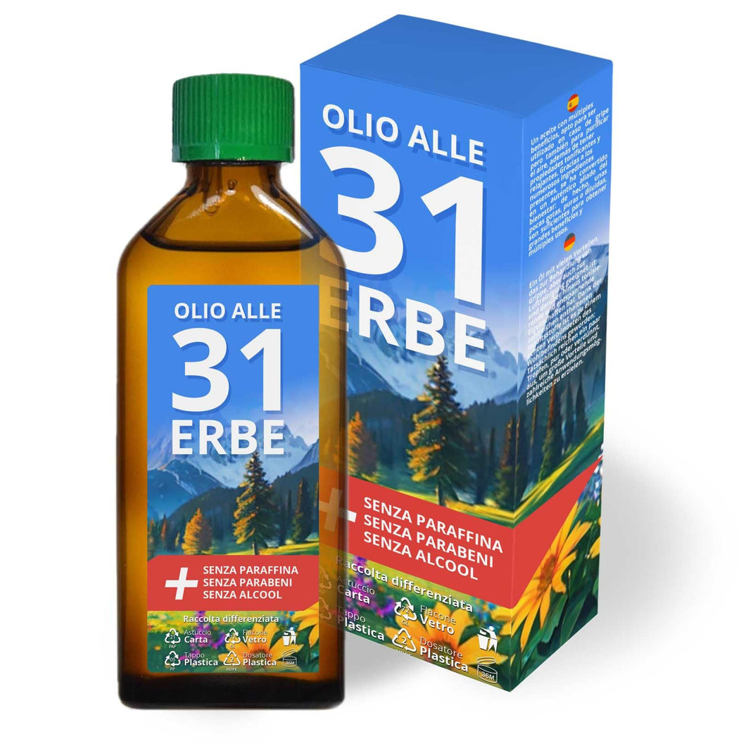 Olio D'Erbe 31, Miscela Oli Essenziali per Diffusore, per Massaggi e Aromaterapia, Tonificante, Rilassante, Flacone da 100ml olio 31 erbe (1)