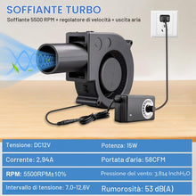 Carica l'immagine nel visualizzatore di Gallery, Ventilatore Radiale 12V, Ventilatore a Turbina, Ventola Turbo con Regolatore di Velocità e Uscita Aria per Caminetti, Pi
