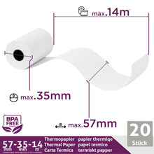 Carica l&#39;immagine nel visualizzatore di Gallery, Rotoli Pos 57mm x 14m x 12mm - Rotolo di carta termica per ricevute bancomat – Rotolini per dispositivi pos 57x35x12 (20 Rotoli)