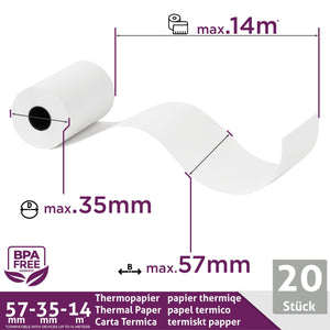 Rotoli Pos 57mm x 14m x 12mm - Rotolo di carta termica per ricevute bancomat – Rotolini per dispositivi pos 57x35x12 (20 Rotoli)