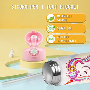Kiocko Borraccia Per Bambini, In Acciaio Inox, 475 Ml, Certificata TüV, Senza Bpa,Bottiglia Acqua Con Cannuccia A Prova Di Perdite, Per Scuola, Asilo (1-Unicorno)