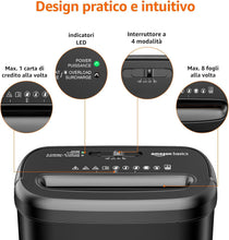 Carica l'immagine nel visualizzatore di Gallery, Amazon Basics - Distruggidocumenti con Taglio Incrociato, 8 Fogli, con Finestra Trasparente, per Documenti e Carte di Credito, Cestino da 14L, Nero