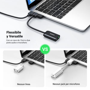 UGREEN Scheda Audio USB Esterna Adattatore Jack 3,5mm per Cuffie Microfono Stereo Casse Adapter Aux Compatibile con Windows PC, PS5/4, MacBook, Linux, Altoparlanti, Amplificatore