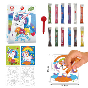 Sabbiarelli Sand-it For Fun - Bag Unicorns - Set Lavoretti Creativi: Colora con la Sabbia gli unicorni, 12 colori, Regalino di Compleanno Bambini Anni 5+