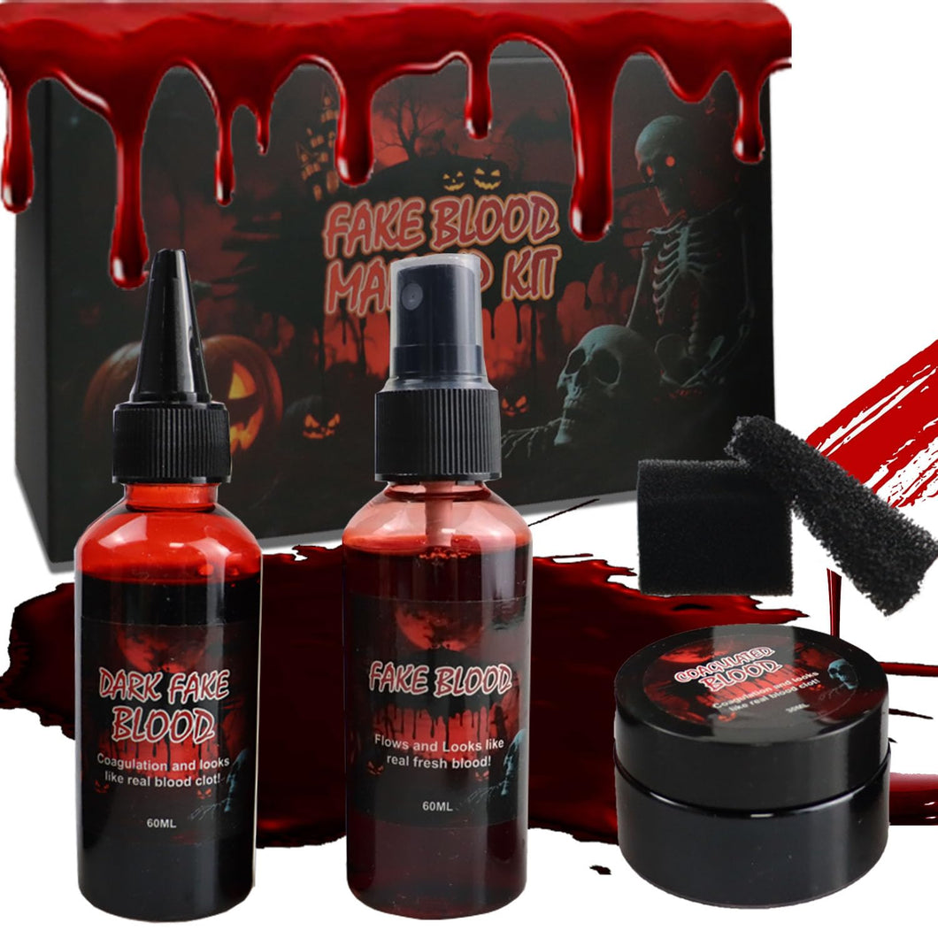 Halloween Sangue Finto,Kit Realistico Finto Lavabile,con Fake Blood+2 Spugnette per il trucco,per Halloween Effetti Speciali Trucco per Vampiro, Mostro e Zombie Sposa