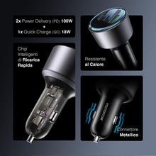 Carica l'immagine nel visualizzatore di Gallery, PORTENTUM Caricatore Auto Triplo e Simultaneo 200W – Include Cavo da 100W USB-C – Carica Batteria per Auto Cellulare – 2