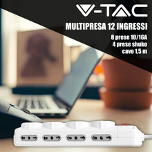 Carica l'immagine nel visualizzatore di Gallery, V-TAC Multipresa Elettrica 12 PRESE con Interruttore e Cavo 1,5Mt - 8 Prese Laterali 10/16A Bipasso e 4 Frontali 10/16A 