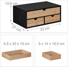 Carica l'immagine nel visualizzatore di Gallery, Relaxdays Organizer da Scrivania con 3 Cassetti in Bambù e MDF, Cassettiera da Ufficio, HLP 13,5x33x21 cm, Naturale Nero