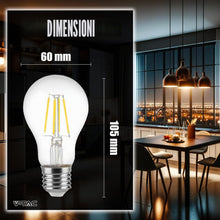 Carica l'immagine nel visualizzatore di Gallery, V-TAC 4x Lampadina LED Filamento attacco E27 - [Alta Efficienza 6W ] - A60-600 Lumen - (Equivalenti a 45W) - Lampadine a
