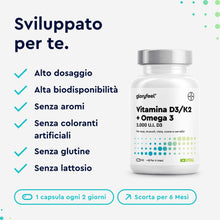 Carica l'immagine nel visualizzatore di Gallery, Vitamina D3 + K2 + Omega 3, 90 Capsule Softgel, Eletto PRODOTTO DELL'ANNO 2025, 2000UI Vitamin D, 100 µg Vitamina K (K2V