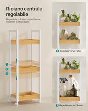 Carica l'immagine nel visualizzatore di Gallery, SONGMICS Carrellino Salvaspazio, Carrello Bagno, Mobiletto Bagno Stretto a 3 Ripiani con Ruote, Bambù, 20 x 30 x 80 cm, Bianco e Naturale BCB083N02