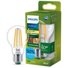 Carica l'immagine nel visualizzatore di Gallery, Philips Classic ultra-efficient LED bulb with energy efficiency class A, replaces 60W, E27 base, clear, warm white light