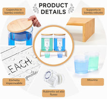 Carica l'immagine nel visualizzatore di Gallery, Erogatore per detersivo in vetro con ripiano e coperchio in bambù, 3,5 L, per detersivo liquido, sapone e ammorbidente per lavatrice per la lavanderia con 2 misurini e 8 etichette