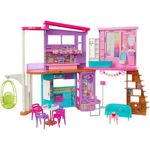 Barbie - Barbie Casa di Malibu (106 cm) playset casa delle Bambole con 2 Piani, 6 stanze, Ascensore Altalena e più di 30 Pezzi, Giocattolo per Bambini 3+ Anni, HCD50