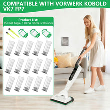 Carica l'immagine nel visualizzatore di Gallery, 15 Pezzi Sacchetti Aspirapolvere per Vorwerk Folletto VK7 FP7 VK7S FP7S, Incluso 15 Sacchetti + 3 Filtro Motore + 2 Spaz