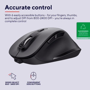 Trust Fyda Mouse Wireless Ricaricabile, Design Sostenibile, 800-2400 DPI, 6 Pulsanti, 2,4 GHz, Ricevitore USB, Mouse Ergonomico senza Filo per Laptop, PC, Computer, Macbook, Ufficio - Nero