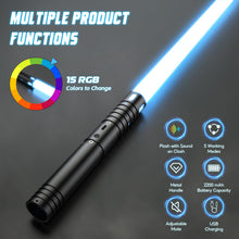Carica l'immagine nel visualizzatore di Gallery, Spada Laser RGB 15 colori, Spada laser ricaricabile USB con manico metallico, con modalità Suoni Duello FX spada laser g