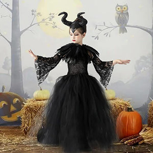 Malefica Costume da Regina per bambine, Strega Cattiva Halloween, Abiti Tutu Principessa, Gonna Tulle Festa a Tema, Vestito Carnevale, Natale, Cosplay (XL 135-155 cm)