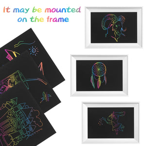 Relota 50 Pezzi Scratch Art Bambini Set, Fogli Arcobaleno da Grattare con 5 Stilo in Legno, 4 Righelli Modello, Blocco da Disegno Rainbow Scratch Paper per Appunti, Disegni, Giochi, Scrittura
