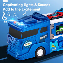 Carica l'immagine nel visualizzatore di Gallery, hahaland Camion Giocattolo Trasforma in Pista da Corsa, con 6 Macchinine per Bambini, Camion con Luci e Suoni, Pista Macchinine 2 3 Anni, Regalo Bambino 2 anni
