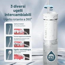 Carica l'immagine nel visualizzatore di Gallery, JTF Idropulsore Dentale Mini, Portatile Irrigatore Dentale Viaggio con 5 Ugelli Ricambio, 4 Modalità, IPX7 Impermeabile, 230 ML Erbatoio Dell'acqua Retrattile (Bianco)