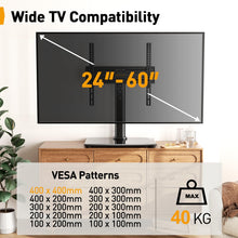 Carica l&#39;immagine nel visualizzatore di Gallery, PERLEGEAR Supporto TV da Tavolo Girevole per TV da 24-60 Pollici Fino a 40 kg, Universale Supporto TV da Tavolo Regolabile in Altezza, Piedistallo TV con Base in Vetro Temperato Max VESA 400x400mm