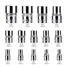 Carica l'immagine nel visualizzatore di Gallery, Amazon Basics set di 14 prese Torx esterne, E4-E24, unità da 1/4", 3/8", 1/2", con custodia