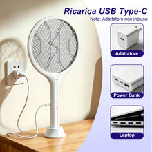 Carica l'immagine nel visualizzatore di Gallery, Toolviann Racchetta Zanzare Elettrica 4000V 1800mAh con USB C 2 in 1, Protezione Maglia a 3 Strati Adatto per Casa Giardino Campeggio Interni ed Esterni Bianco