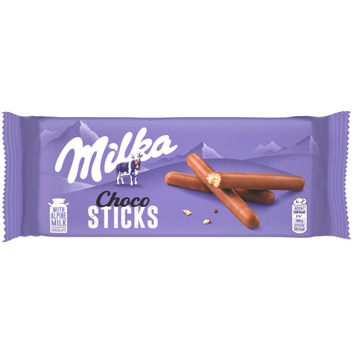 Milka, Choco Sticks, Biscotto Goloso Ricoperto di uno Strato di Cioccolato al Latte Milka, con Latte Alpino, Cacao Sostenibile, 112g