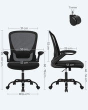 Carica l'immagine nel visualizzatore di Gallery, SONGMICS Sedia da Ufficio, Girevole, di Rete, da Computer Ergonomica, Supporto Lombare Imbottito, Funzione Oscillante, Seduta 53 cm, Braccioli Pieghevoli, Nero OBN37BK