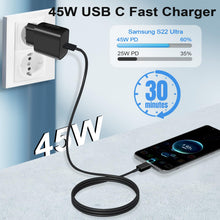 Carica l'immagine nel visualizzatore di Gallery, Vemfay 45W USB C Adapter con 2M cavo USB-C, Caricabatterie per Samsung S25/S24/S23/ S22 /S21 /S21 Ultra,S20 FE, A16/A15/