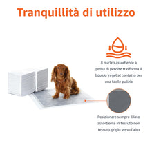 Carica l'immagine nel visualizzatore di Gallery, Amazon Basics Tappetini al carbone con controllo degli odori per l'addestramento di cani e cuccioli, a prova di perdite con superficie ad asciugatura rapida, Standard (confezione da 80), Bianco