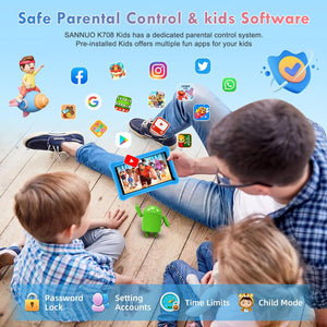 SANNUO Tablet per bambini 7 pollici Android 11 Tablet con 6GB RAM+64GB ROM(128 GB Espandibile), Display IPS,App Pre-installed, Bluetooth, Controllo Parentale, WiFi Tablet Educativo con Custodia-Blu