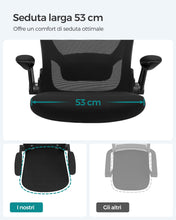 Carica l'immagine nel visualizzatore di Gallery, SONGMICS Sedia da Ufficio, Girevole, di Rete, da Computer Ergonomica, Supporto Lombare Imbottito, Funzione Oscillante, Seduta 53 cm, Braccioli Pieghevoli, Nero OBN37BK