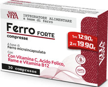 Carica l'immagine nel visualizzatore di Gallery, Sanavita Ferro Forte Integratore Alimentare con Ferro Alto dosaggio, Vitamina C, Rame, Acido Folido e Vitamina B12 Alo Dosaggio - 30 compresse