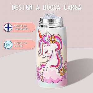 Kiocko Borraccia Per Bambini, In Acciaio Inox, 475 Ml, Certificata TüV, Senza Bpa,Bottiglia Acqua Con Cannuccia A Prova Di Perdite, Per Scuola, Asilo (1-Unicorno)