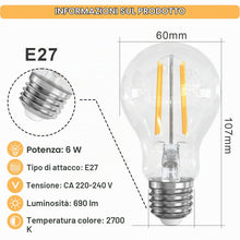 Carica l'immagine nel visualizzatore di Gallery, Lampadine Filamento LED E27 6W = 60W 690LM Bianca Calda 2700K 6 Pezzi